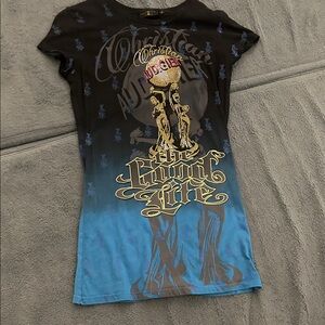Christian Audigier Black and Blue Graphic Tee rhinestones